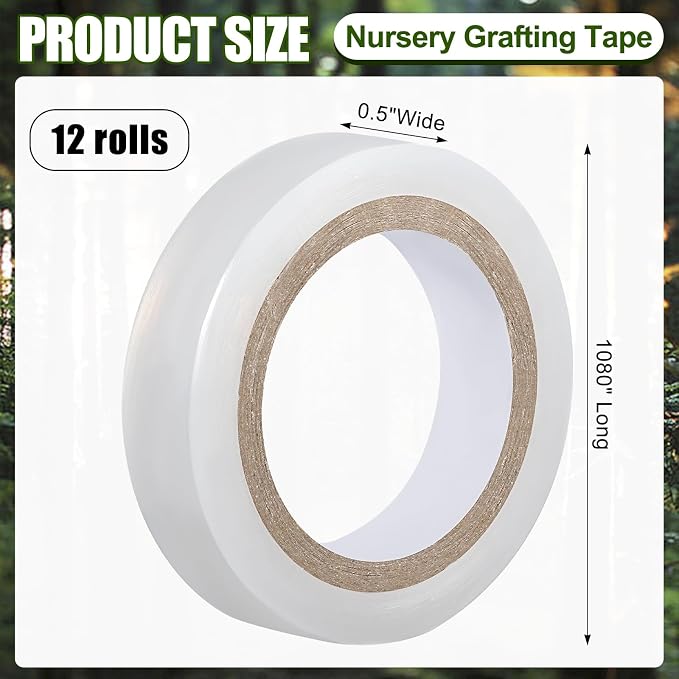 Tenceur 12 Rolls 0.5"x1080" Nursery Grafting Tapes Nursery Moisture Barrier Stretchable Garden Grafting Film Self Adhesive Plants Repair Tapes for Fruit Trees, Plants, Broken Stem, Floral