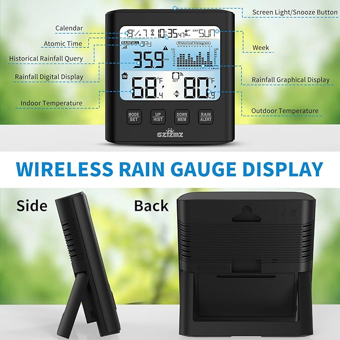 Wireless Rain Gauge Outdoor with Self-Emptying, Backlight, Thermometer, Rain Collector Monitoring Rainfall, Digital Rain Gauge for Yard, Electronic Rain Measure Gauge, Freeze Proof Rainfall Measurer