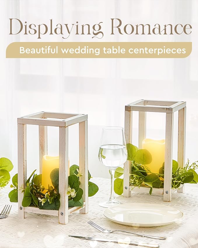 Huquary 16 Pcs Wooden Wedding Lantern Centerpiece Includes 8 Rustic Wooden Lantern Centerpiece and 8 Flameless Candle Holder for Farmhouse Rustic Table Decorations Party Gift(White)