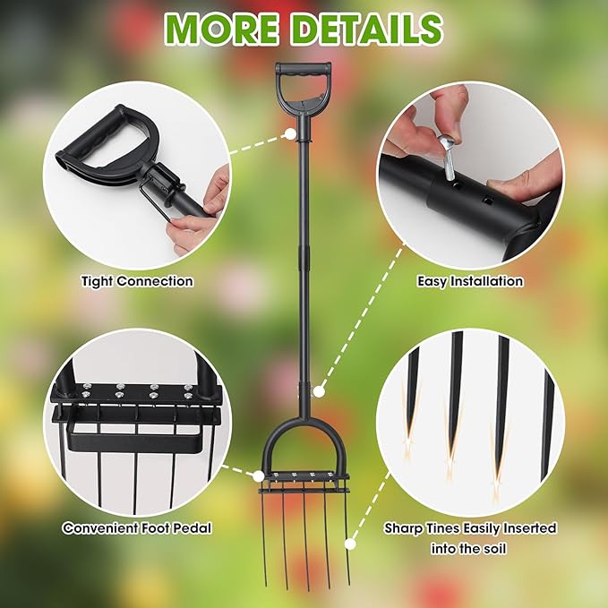 Broad Fork Garden Tool, 55" Heavy Duty 5 Sharp Tines BroadFork Hand Tiller Garden Pitchfork with Ergonomic Handles for Spading Digging Fork Gardening Cultivating Composting and Loosening