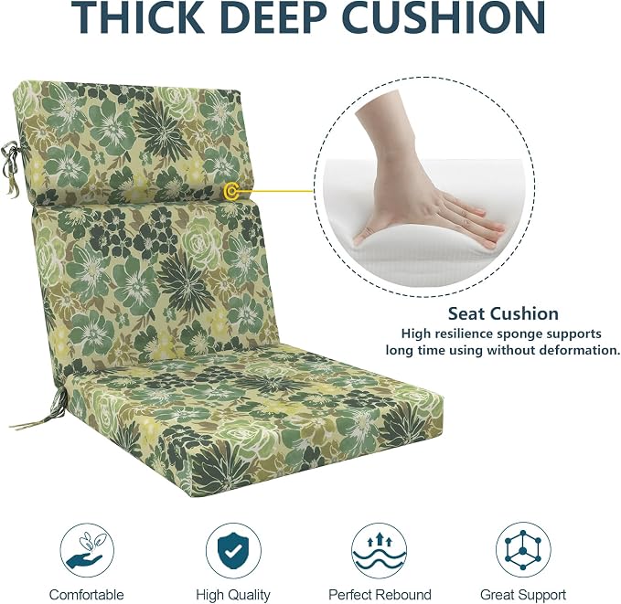 DYTXIII Outdoor High Back Chair Cushions Set of 2, 44"x22" Water Repellent Patio Seat Cushions with Elastic Sponge, All Weather Chair Pads for Rocking, Dining Chairs, Patio Furniture - Green Rose