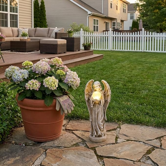 TERESA'S COLLECTIONS Angel Garden Statues with Solar Outdoor Light for Outdoor Decor, Fairy Figurine Resin with Wing & Glass Ball for Garden Decor, Yard Decor Lawn Ornament Gifts for Mom, 7.1"