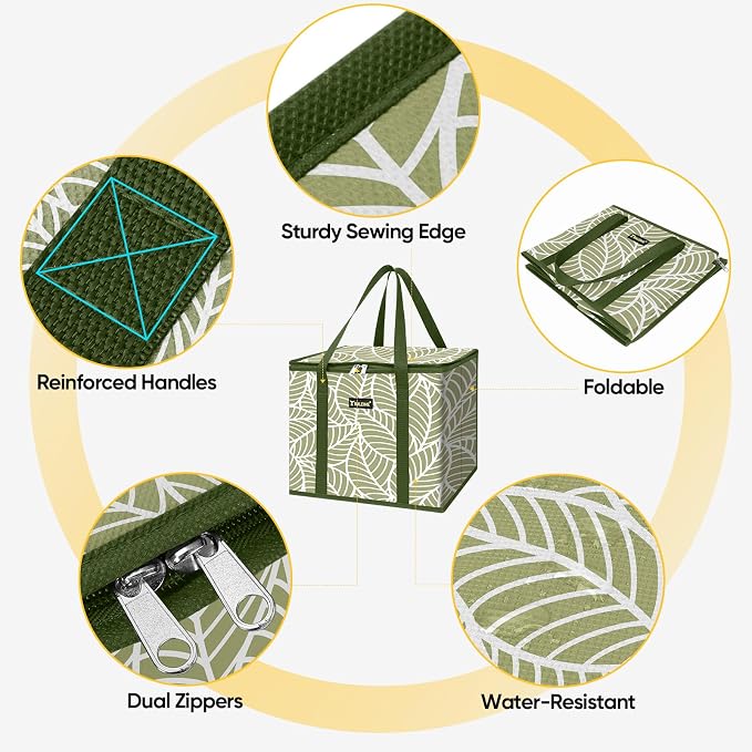 BALEINE 3Pk Insulated Reusable Grocery Bags, Foldable Shopping Bags for Groceries with Reinforced Bottom & Handles (Antique Foliage)
