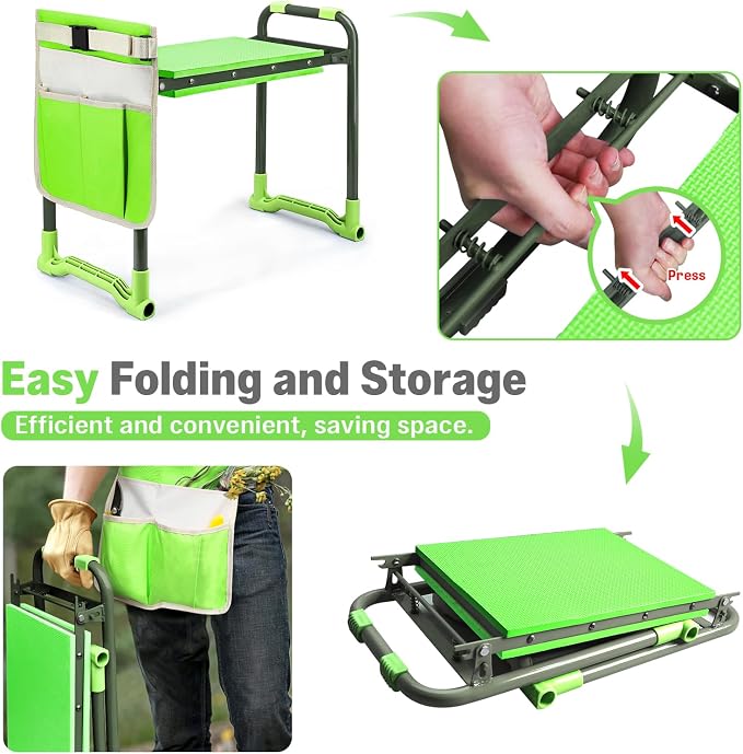 Garden Kneeler and Seat Heavy Duty, Foldable Gardening Stool Bench with Widened Thick Soft Kneeling Pad and Tool Pouches - 2-in-1 Portable Kneeling Device for Seniors (Green)