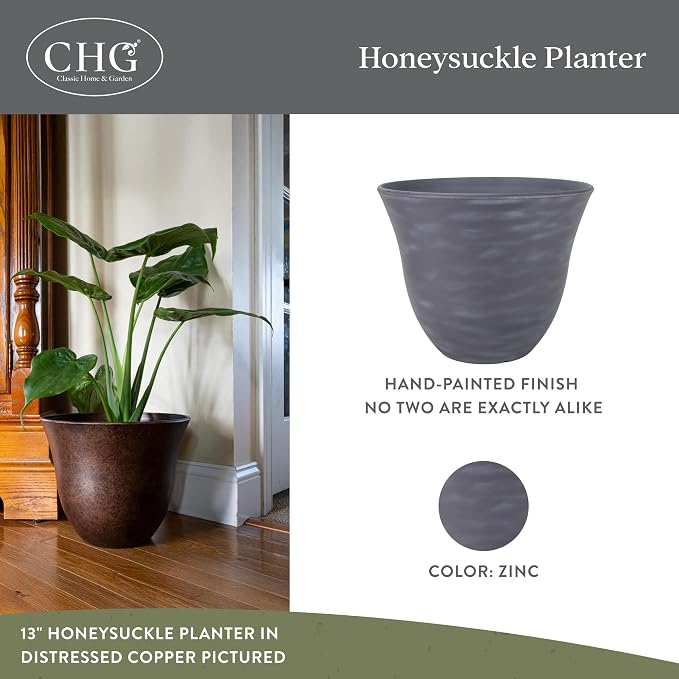 Classic Home and Garden by Growscape Honeysuckle Resin Planters - Lightweight Indoor & Outdoor Plant Pots - UV-Resistant Plastic Flower Pots - Pot Planters for Flowers & Herbs (13" Zinc Grey)