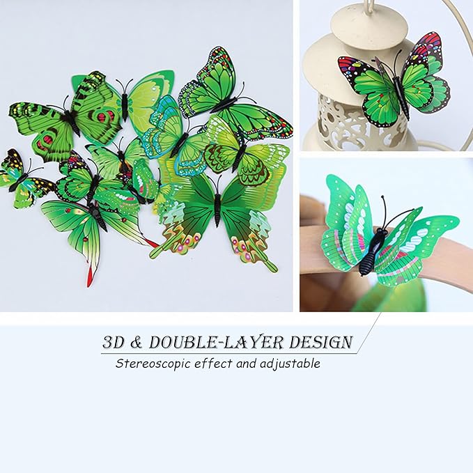 OPSEAM Butterfly Wall Decor 24/48 PCS, 3D Butterflies Stickers for Party Decorations with Magnets (Green, 24)