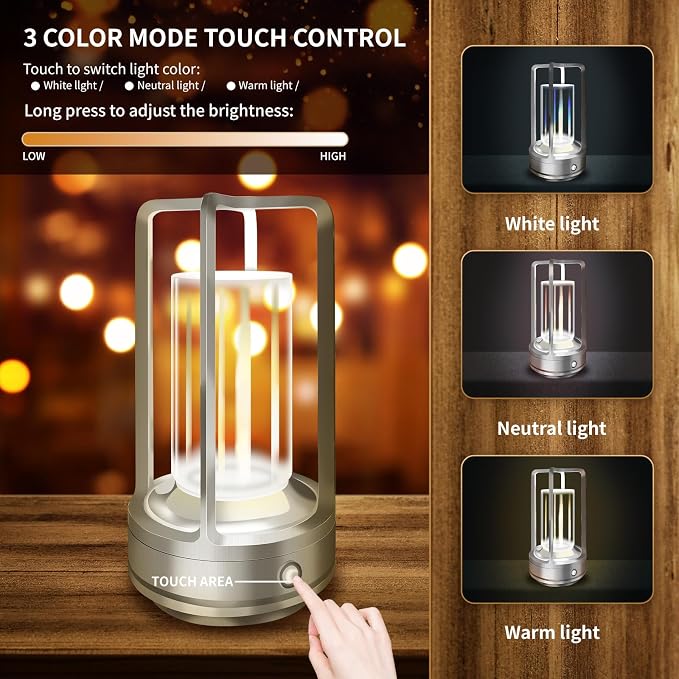 Set of 2 Cordless Table Lamps, LED Rechargeable Table Lamp with 3 Color Stepless Dimmable, Indoor/ Outdoor Table lamp for Patio/ Camping/ Bar/ Coffee/ Restaurant/ Home(Silver 2 Pcs)