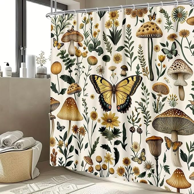 Rustic Boho Mushroom Shower Curtain, Vintage Chic Butterfly Botanical Floral Farmhouse Cottagecore Aesthetic Shower Curtain Set with Hook, Fairy Witchy Plant Shower Curtain for Bathroom 72X78 Beige