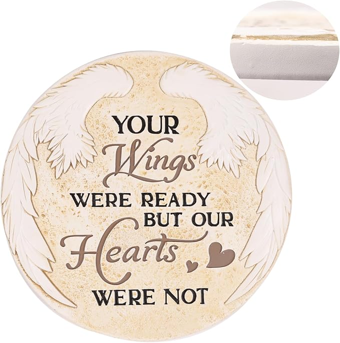 10 Inch Polyresin Memorial Garden Stone, Angel Wings Stepping Stones Outdoor, Memorial Gifts for Loss of Loved One, Décor for Homes, Lawn and Garden (Round Wings)