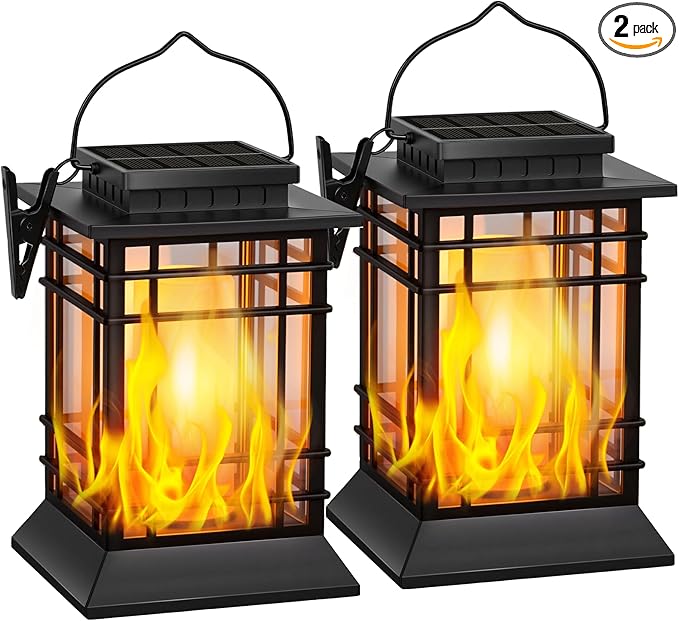 Brightever Hanging Solar Lanterns Outdoor Waterproof, Flickering Flame Solar Lantern Outdoor Lights, Auto ON/Off Solar Powered Lanterns Decorative Outdoor for Garden Front Porch Tree Decor, 2-Pack