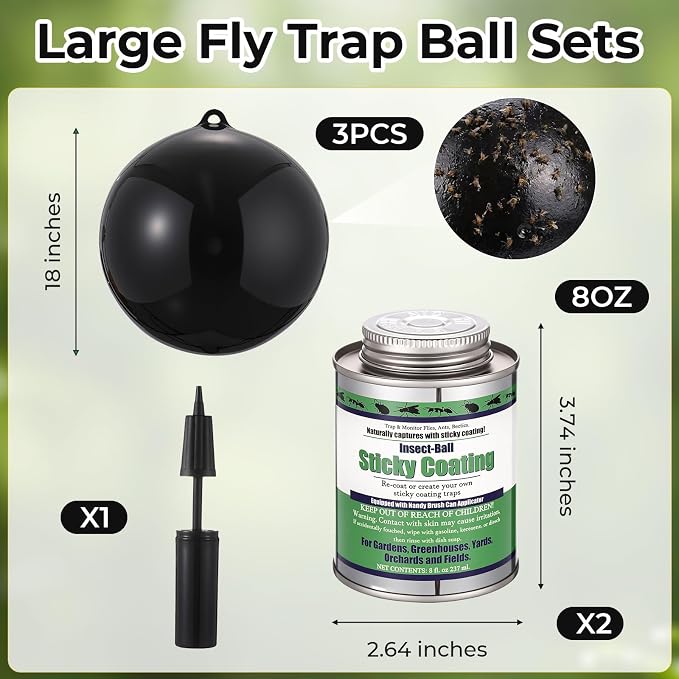3 Pcs Large Fly Trap Balls Hanging Fruit Fly Traps Outdoor Adhesive Insect Balls with a Sticky Coating Glue Air Pump Insect Catch Sticky Bug for Farm Orchard Deerflies Mosquito (Black)