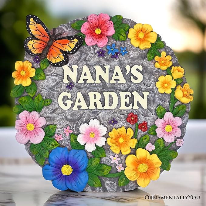 OrnamentallyYou Elegant Resin Stepping Stone, Outdoor Garden Pathway Decoration (Nana’s Garden Floral Stepping Stone, 9.5" Decorative and Gift for Grandmother)