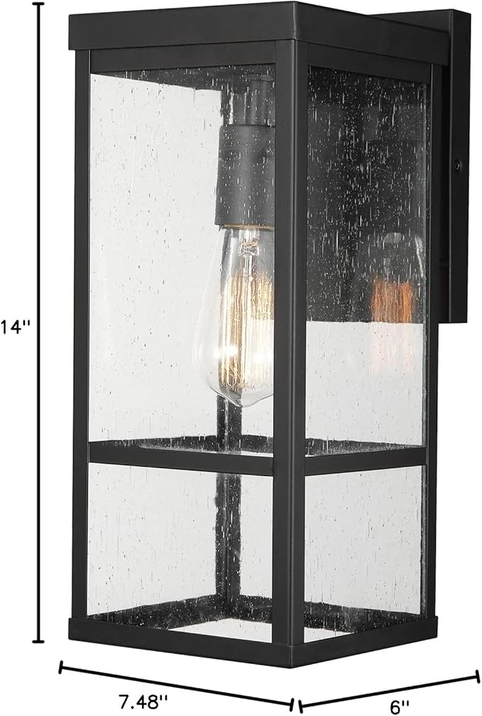 Globe Electric 44802 1-Light Outdoor Wall Sconce, Matte Black, Seeded Glass Shade, Weather Resistant Exterior Wall Light, Front or Back Porch Lights, Patio Lighting, Indoor Compatible