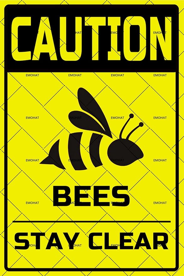 EMOHAT Caution Bees Stay Clear Metal Tin Sign, Farmhouse Retro Wall Decor for Outdoor Bees Premises, 8x12 Inch Funny Warning Sign for Farm Cafe People Cave