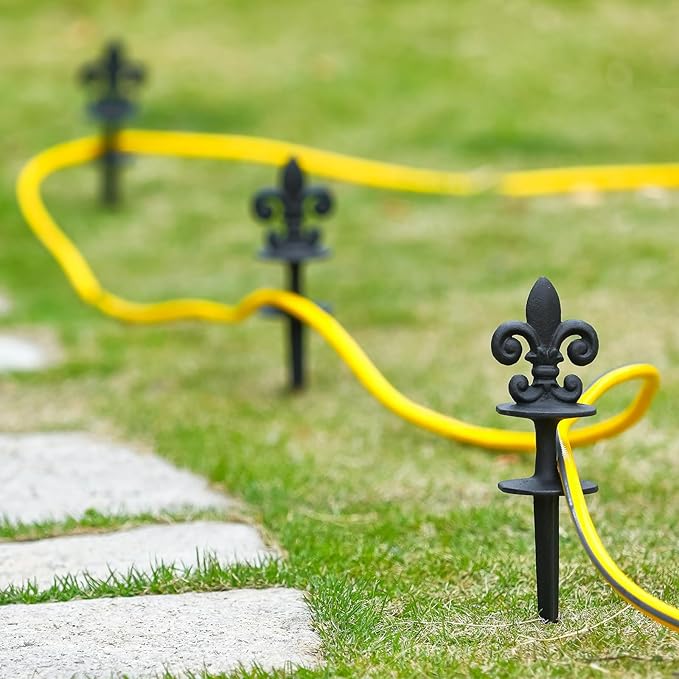 Black Metal Hose Guide Stakes, Cast Iron Fleur de Lis Decorative Garden Hose Guide Spikes for Lawn Protection, Set of 3