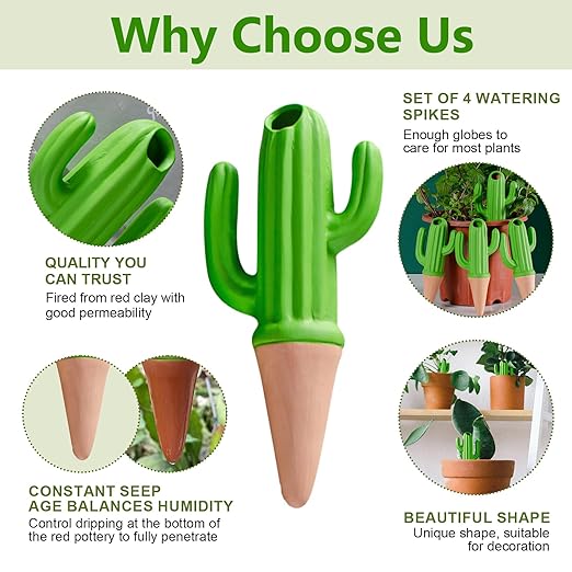 Joyeee 4 Pack Cactus Shaped Watering Spikes, Terracotta Self Watering Devices, Slow Release Waterer for Indoor Outdoor Potted Plants, Automatic Drip Irrigation for Vacations with 60ml Capacity, Green