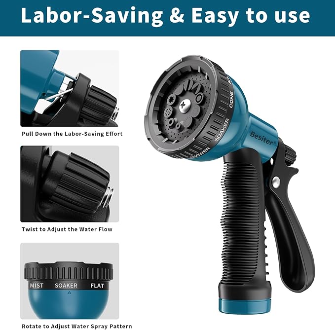 Besiter Garden Hose Nozzle Sprayer 10 Watering Patterns Spray Nozzles Heavy Duty Hose Head Lightweight Hose Attachment 2 Pack