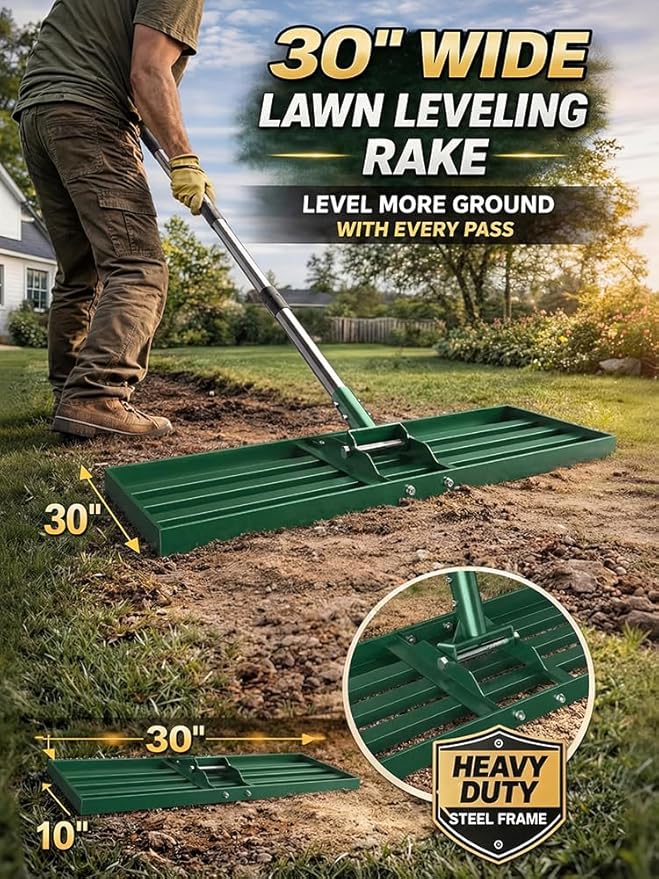 Lawn Leveling Rake, 30x10 inch Adjustable Lawn Leveler for Yard & Garden, Heavy Duty Stainless Steel Handle, Effort Saving Soil & Dirt Leveling Tool for Lawn Top Easy Dressing-Green