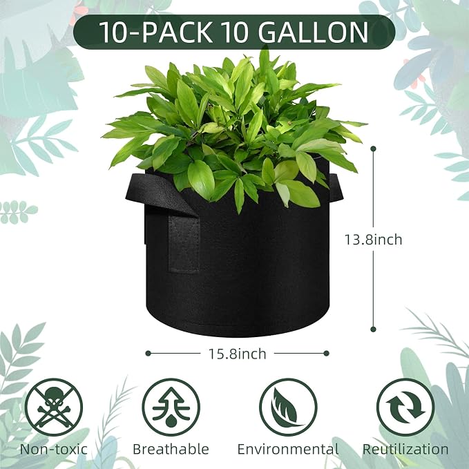 10 Gallon Grow Bags 10 Pack, Heavy Duty Thickened Nonwoven Fabric Pots with Handles, Plant Grow Bags for Vegetable/Flower/Plant/Fruits, Black