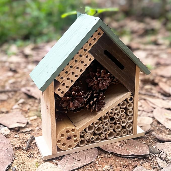 Wooden Insect Hotel for Garden, Natural Wood, Bee House and Ladybug House, Pollinator Bug Hotel to Attract Beneficial Insects