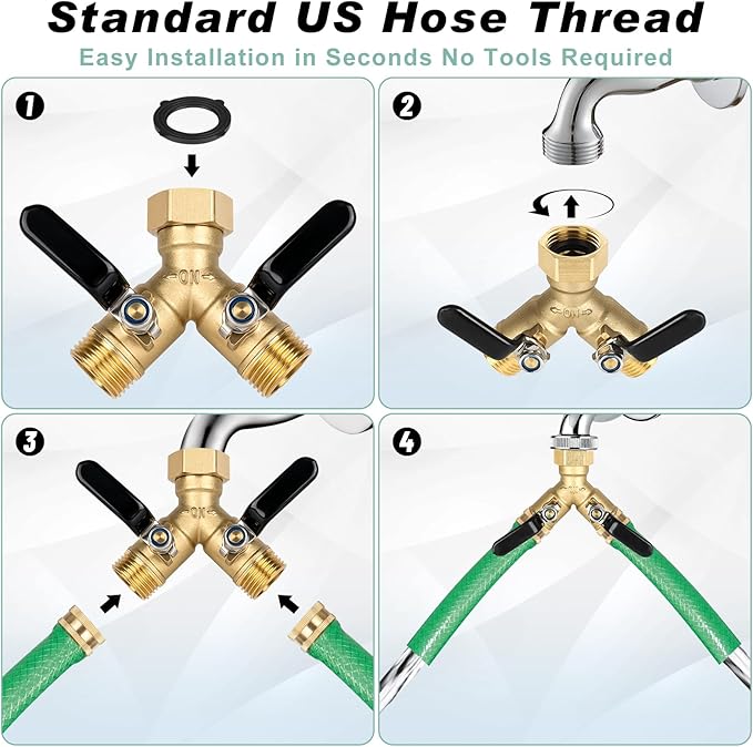 Dalmbox Garden Hose Splitter 2 Way, Brass Y Hose Connector With Long Handle Shut Off Valves, 3/4" GHT Heavy Duty Outdoor Faucet Adapter, Water spigot Splitter for Garden Watering, Lawn, Car Wash
