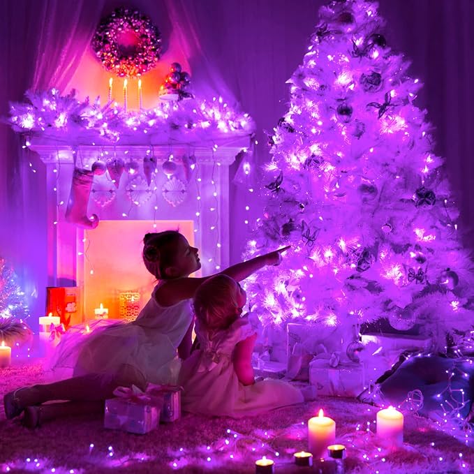 JMEXSUSS Purple Christmas Lights Indoor Outdoor Clear Wire, 66ft 200 LED Purple Lights for Christmas Tree, 8 Modes Deep-Violet String Lights Plug in for Christmas Bedroom Garden Party Xmas Decorations