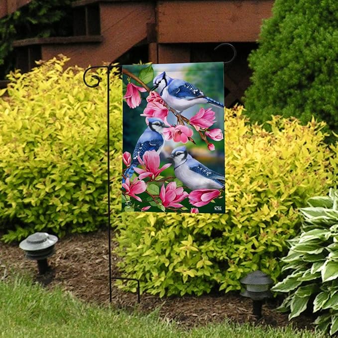 Briarwood Lane Blue Jay Trio Spring Garden Flag Floral Birds 12.5" x 18"
