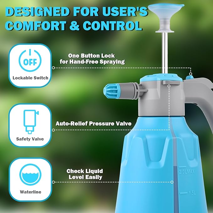 Hand Pump Sprayer 1/2 Gallon, 68 Oz Leak-Proof Water Mister Spray Bottle, 2L Handheld Garden Pressure Sprayer in Lawn and Garden, with Adjustable Nozzle, Extended Spray Rod & Safety Valve