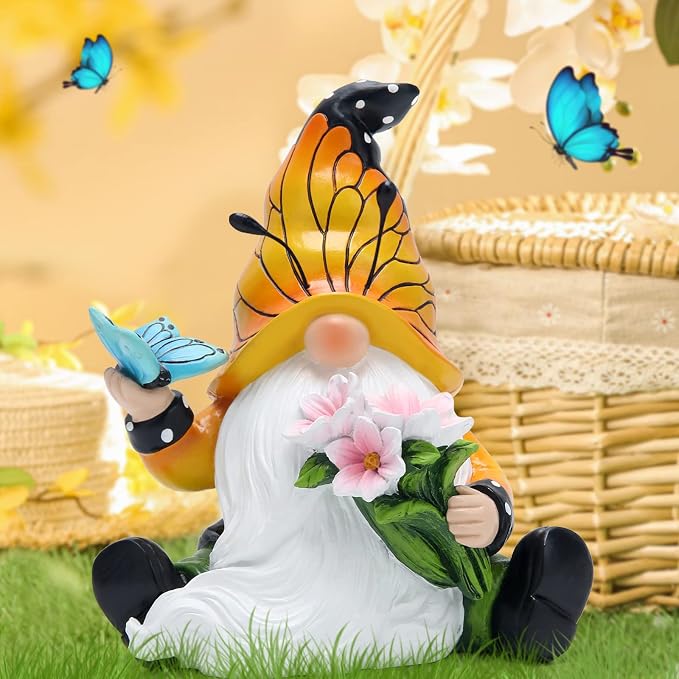 Hodao Butterfly Gnome Figurine Spring Decor, Cute Resin Gnome with Floral and Butterfly Design,Decorate for Shelves, Tiered Trays, Patios, and Garden, Gift for Mom Friends Housewarming Birthday
