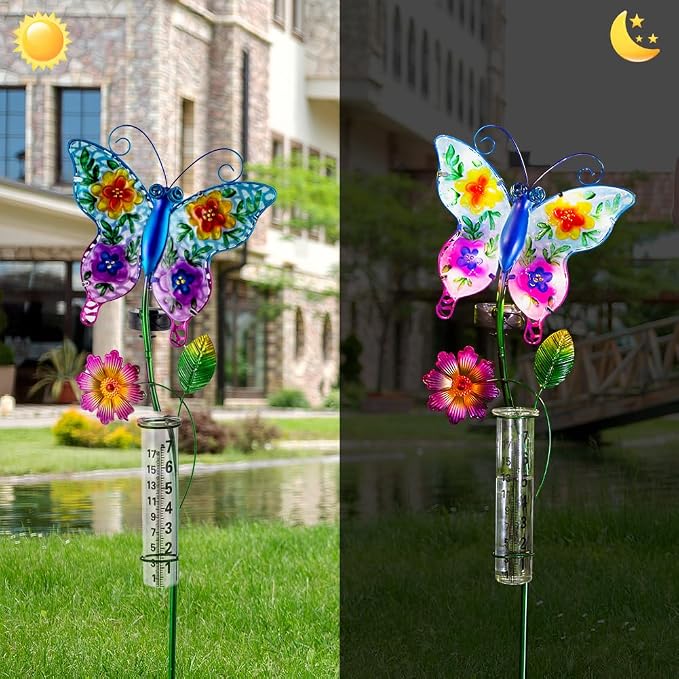 Solar Rain Gauge Outdoor, Butterfly Rain Gauge, Decorative Stained Glass Rain Measure Tool, 7 Inch Tube Rainfall Measurement for Patio, Yard and Garden