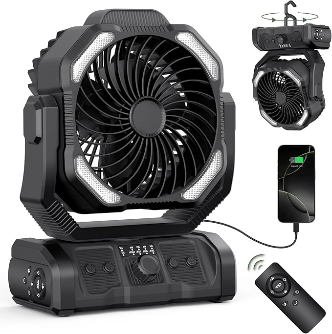 ONLYNEW Portable Camping Fan Rechargeable 20000mAh Battery Operated Oscillating Fan USB C Battery Powered with LED Lantern, Head Rotation,Timer, Remote Auto, Hook for Tents Travel Outdoor Beach