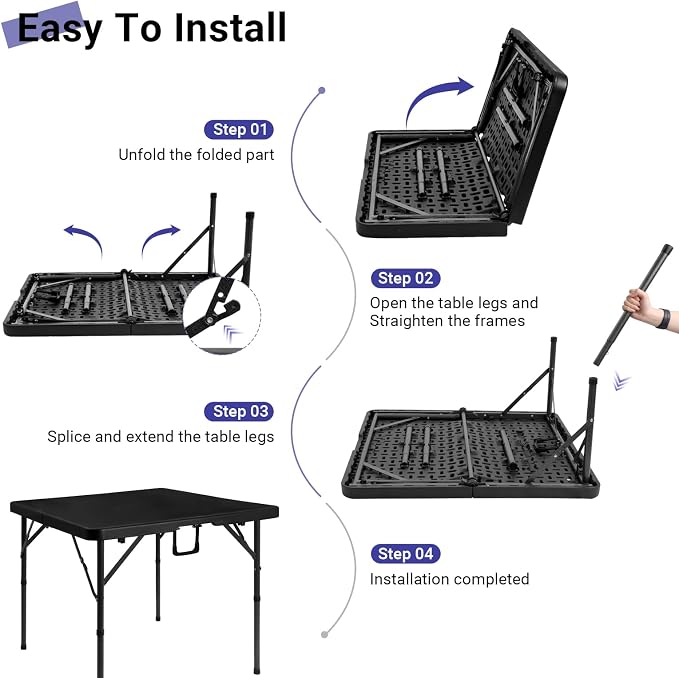 Byliable 34" Folding Square Card Table, Portable Heavy Duty HDPE Fold-in-Half Folding Table with Carrying Handle for Indoor/Outdoor Use – Ideal for Picnic, Camping, Parties, Black