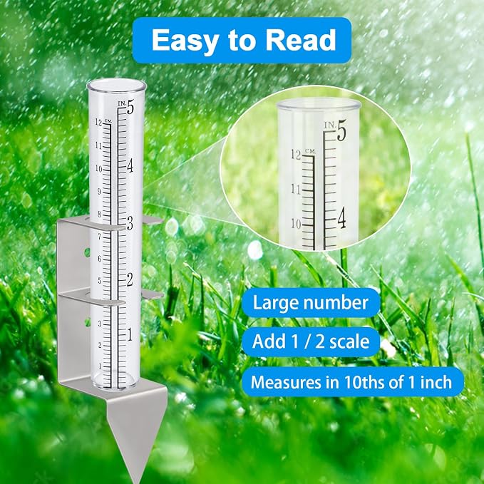 Rain Gauge,Rain Gauges Outdoors Best Rated with Stainless Steel Mounting Rack Holder,Freeze Proof Plastic Replacement Tube,Large Numbers,Rain Measure Gauge for Yard Garden Fence Lawn Patio Farm(5")