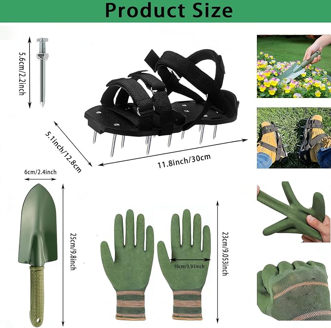 Lawn Aerator Shoes with 2.2'' Heavy Duty Spikes & Metal Shovel & Garden Gloves, Adjustable Hook & Loop Straps, One Size Fits All, Epoxy Shoes for Yard Garden Soil Aeration Tool