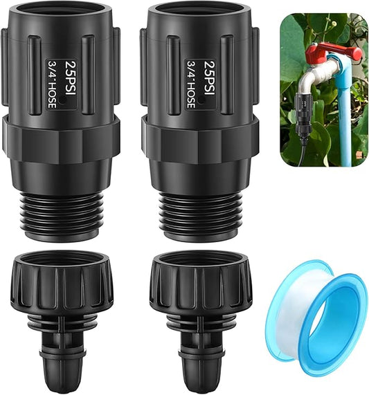 2 Set Drip Irrigation Faucet Adapter Kit, 2 Pcs 25 PSI Garden Hose Pressure Regulator, 2 Pcs 1/4'' Drip Irrigation Tubing to 3/4'' Faucet, 1 Roll Plumbing Tape