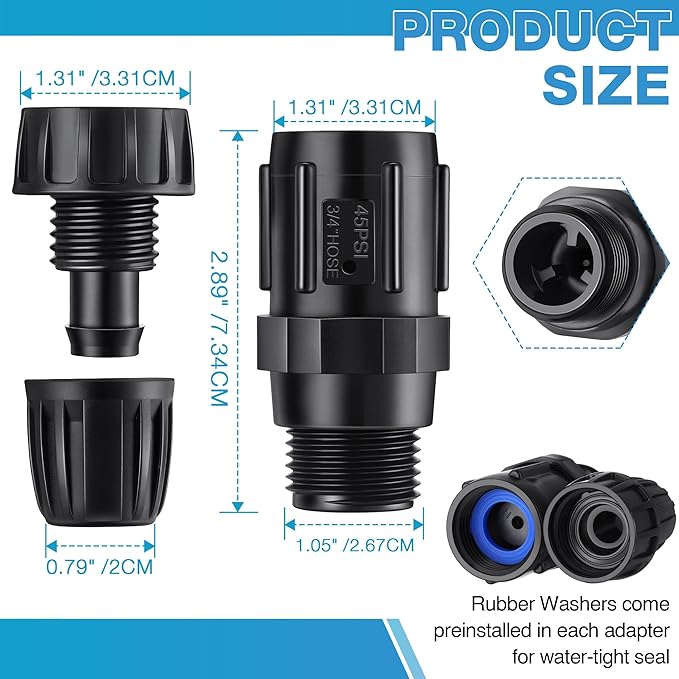Drip Irrigation Pressure Regulator Faucet Adapter Kit, 3/4" FHT x 3/4'' MHT Pressure Regulator, 1/2 Inch Drip Irrigation Tubing Adapter(45 Psi,6 Pcs)