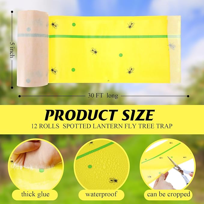 12 Rolls Spotted Lantern Fly Tree Trap 30 Feet Each Roll Lanternfly Tree Outdoor Fruit Fly Sticky Strips Paper Insect Sticky Barrier Trunk Wraps to Protect Plant, Lawn, Garden(Yellow and Green)