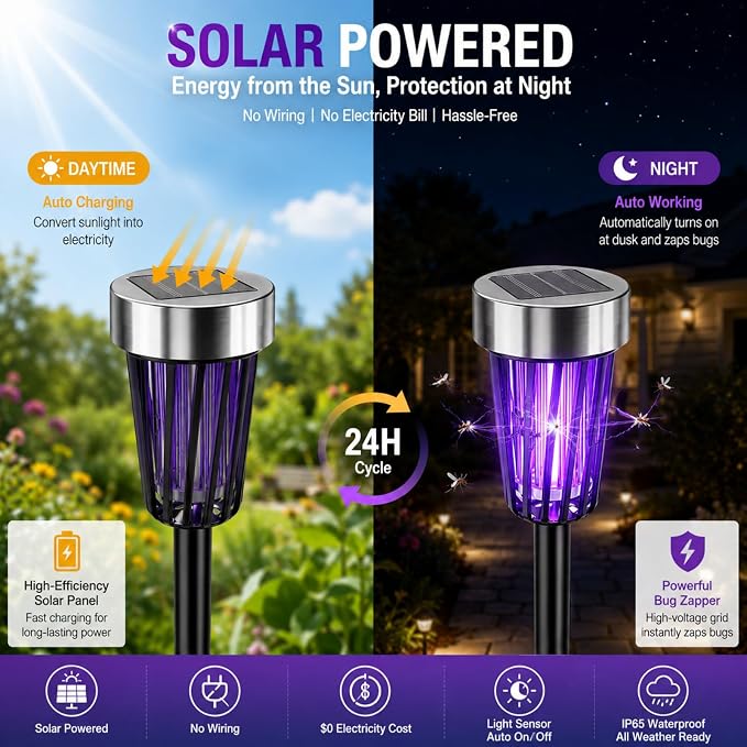 2026 Solar Bug Zapper Outdoor,4 Pack Mosquito Repellent Outdoor Patio IP65 Waterproof, Auto On/Off with Purple or White Light,Solar Powered Insect Zappers for Gnats Flies Bugs for Yard Garden Pathway