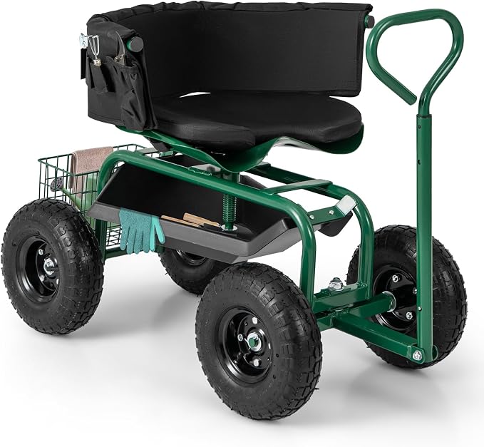 Garden Cart with Seat, Heavy-Duty Rolling Wagon Scooter with Wheels, Height Adjustable & 360° Swivel Seat, Storage Tray, Basket & Handle, Outdoor Gardening Work Seat for Patio Yard(Green)