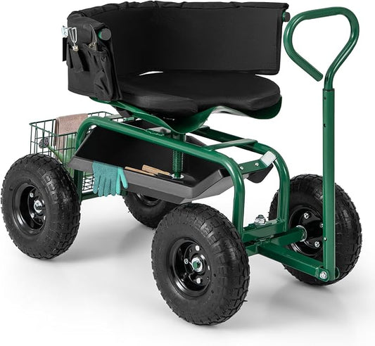Garden Cart with Seat, Heavy-Duty Rolling Wagon Scooter with Wheels, Height Adjustable & 360° Swivel Seat, Storage Tray, Basket & Handle, Outdoor Gardening Work Seat for Patio Yard(Green)