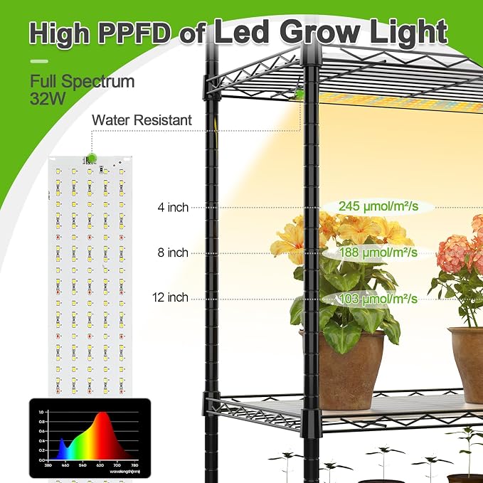 5-Tier Mini Greenhouse with Grow Light, Shelf Height Adjustable Metal Plant Shelf with PVC Cover and Wheels, Includes 4-Pack Full Spectrum Plant Lights, 11x16x57inch