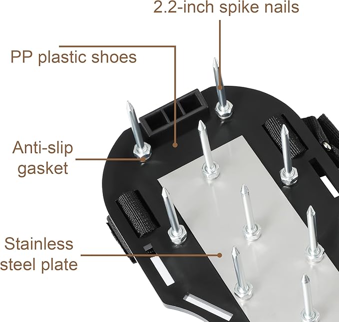 Lawn Aerator Shoes Pre-Assembled - 26 Heavy Duty Steel Spikes (2.4"), Stainless Steel Base Plate, Adjustable Metal Buckle Straps - Walk Behind Grass Aerator Sandals for Yard Lawn Care