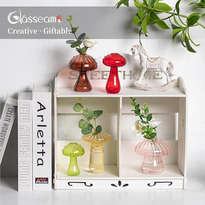 Glasseam Mushroom Plant Propagation Station: 5pcs Colored Glass Mini Terrarium for Plants, Cute Small Propagation Vases for Flowers - Unique Hydroponic Indoor Planters Gifts for Women's Room Decor