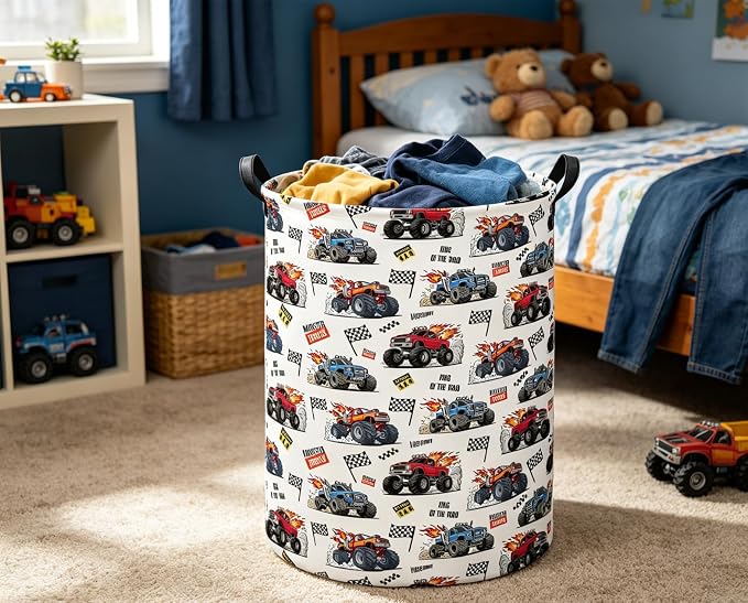 Baby Laundry Basket Kids Hamper Toy Storage Bin for Boys Room Decor Baby Nursery Hamper Gift Baskets for Bedroom Bathroom(Monster Truck)