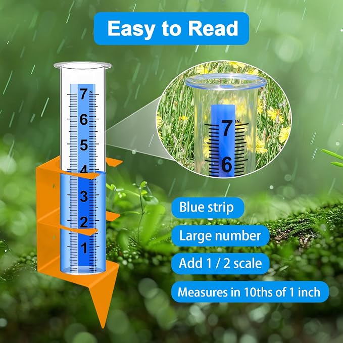 Rain Gauge Outdoor,7" Capacity Rain Gauge Outdoors Best Rated with Stainless Steel Mounting Rack Holder,Freeze Proof Plastic Large Rain Gauge for Yard Garden Fence Lawn Patio Farm (Orange)