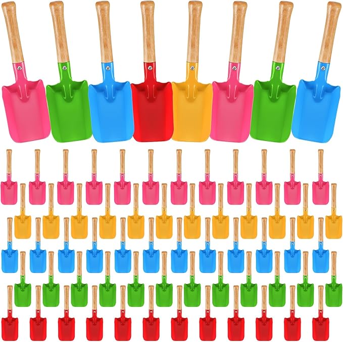 RoundFunny 35 Pcs Colorful Garden Shovels Small Beach Toy Shovels Metal Sand Trowel with Sturdy Wooden Handle, Soil Planting Mini Digging Tools, 5 Colors