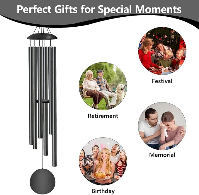 66" Wind Chimes for Outside Deep Tone - 6 Thicken Tubes Large Wind Chimes for Outdoor, Gifts for Mothers Day, Women, Mom, Grandma, Sympathy, Big Windchimes for Garden and Patio (Black)