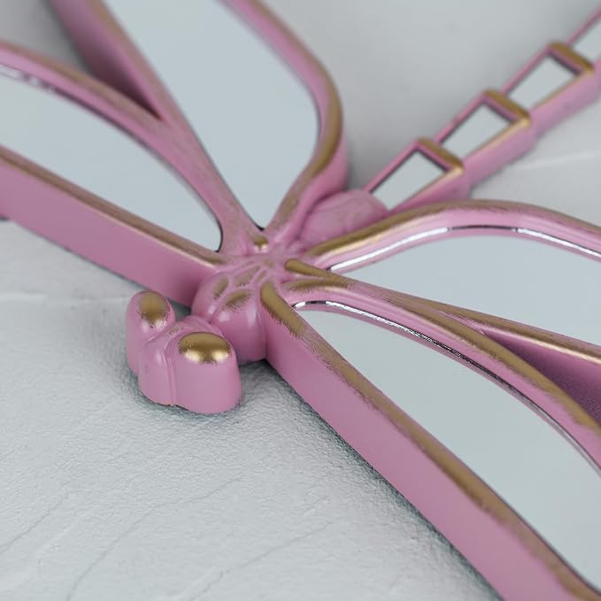 Decorative Dragonfly Wall Mirror, Plastic Frame with Mirrored Wings (12.4 x 9.3 inches) (Pink)
