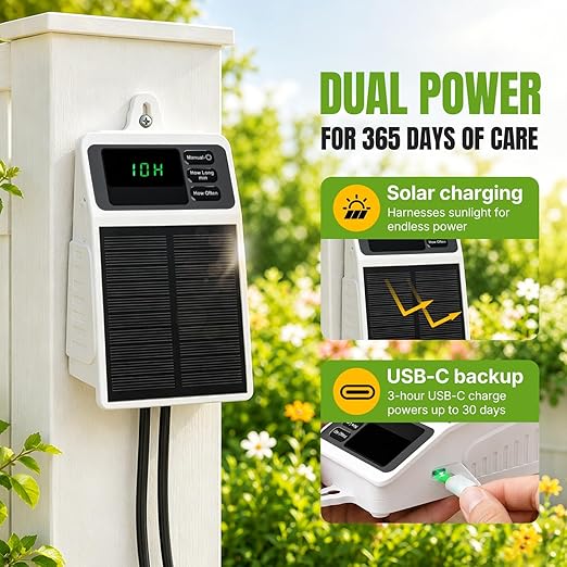 Mcbazel Solar Automatic Drip Irrigation Kit, USB-C & Solar-Powered Plant Waterer for 10 Potted Plants, Auto Watering System with Timer & Anti-Siphon, IPX5 Waterproof for Indoor Outdoor Vacation