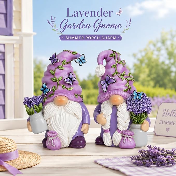 Hodao 2 Pcs Lavender Gnome Set – Spring & Summer Swedish Tomte Elf Figurines for Indoor Home Decor, Tiered Trays, Patios, Gardens for Mom, Grandma, Friends, Seasonal Decorations